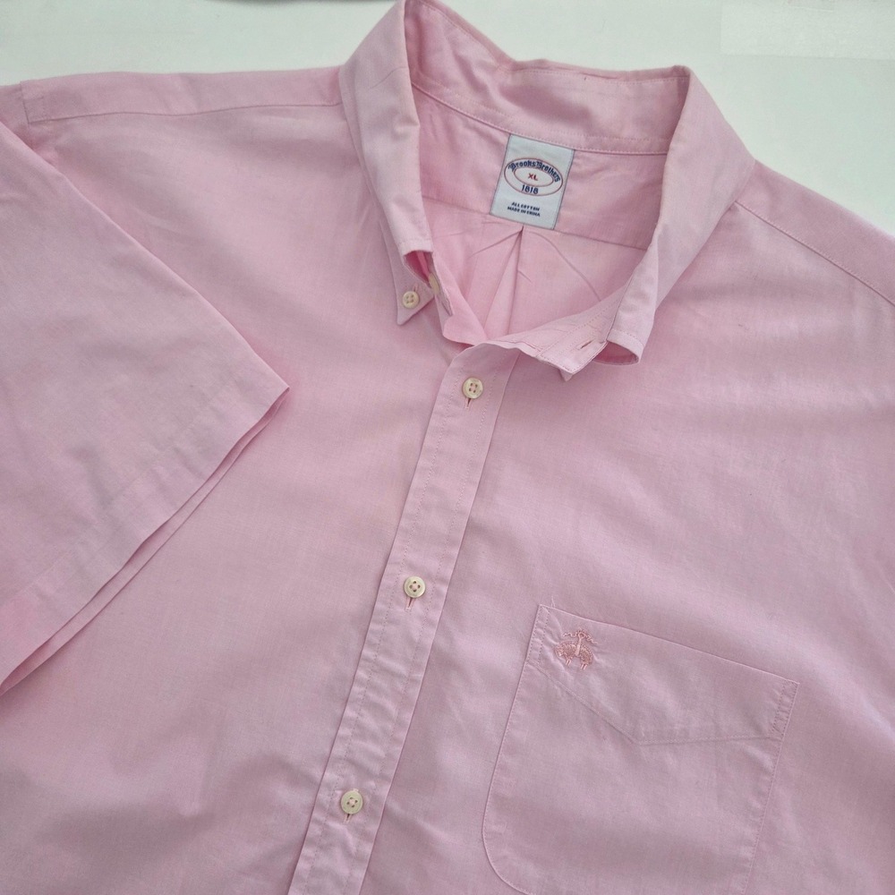 Brooks Brothers Button Down Shirt Pink Short Sleeve Cotton Logo Mens XL